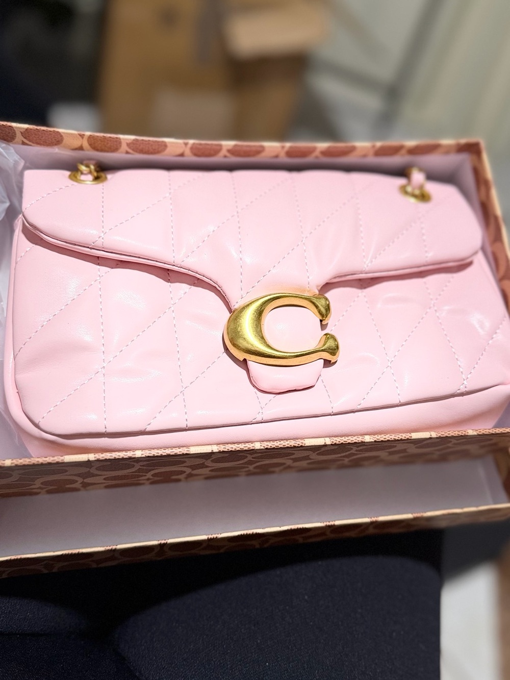 Coach Quilted Pink Leather Shoulder Bag with Gold 'C' Emblem